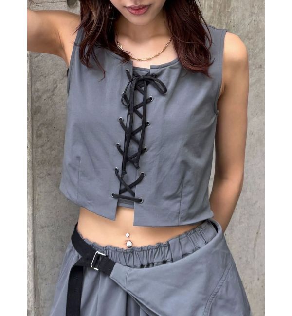 EMODA「レースアップナイロントップス」|Tシャツ・カットソー|グレー