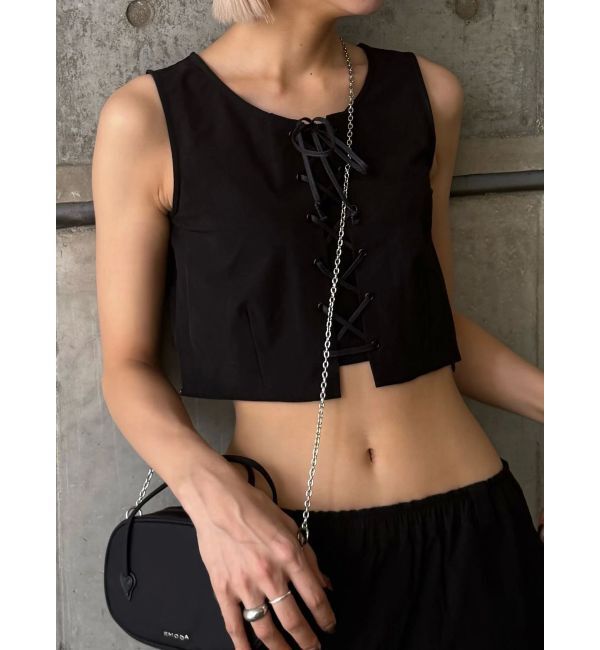EMODA「レースアップナイロントップス」|Tシャツ・カットソー|ブラック