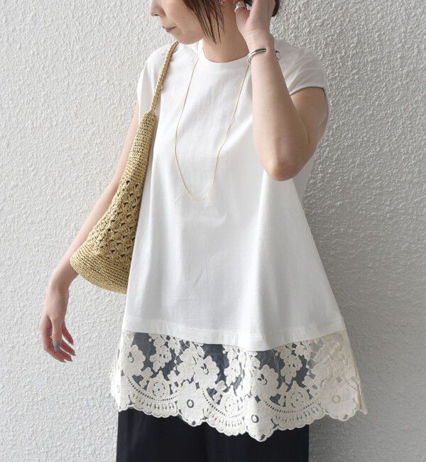 SHIPS Colors 「SHIPS Colors:〈手洗い可能〉レースヘム フレンチスリーブ チュニック」|Tシャツ・カットソー|オフホワイト