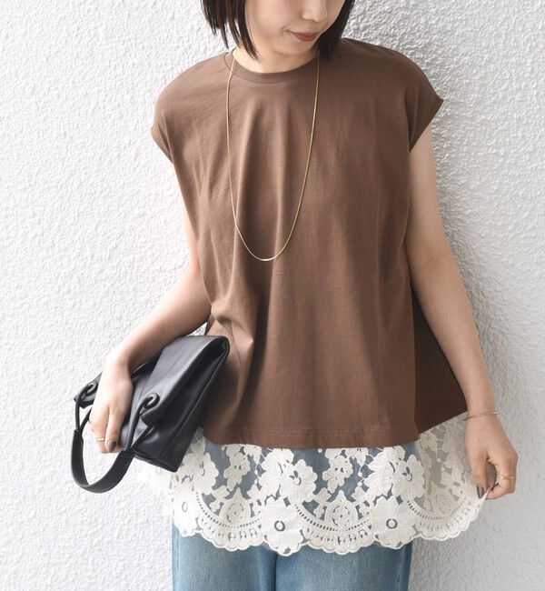 SHIPS Colors 「SHIPS Colors:〈手洗い可能〉レースヘム フレンチスリーブ チュニック」|Tシャツ・カットソー|ブラウン