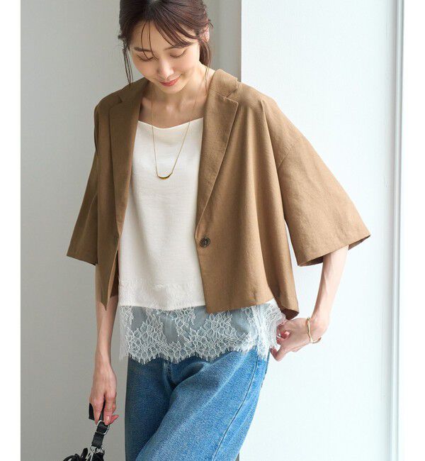 Rope&rsquo;Picnic「【ちゃんと+かわいい保証】エアリーリネンライク ハーフスリーブジャケット/接触冷感・UVカット・速乾」|テーラードジャケット|キャメル(25)