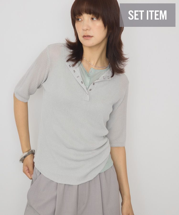 AMERICAN HOLIC「【2点セット】シアーリブヘンリーネックニット＋タンクトップ」|ニット・セーター|Light Gray