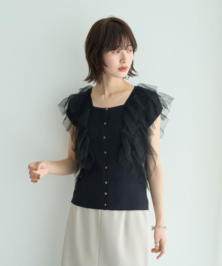 YECCA VECCA「チュールラッフルノースリーブカーディガン」|カーディガン|