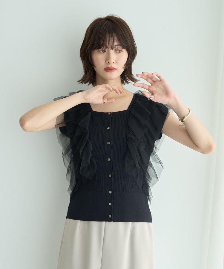 YECCA VECCA「チュールラッフルノースリーブカーディガン」|カーディガン|