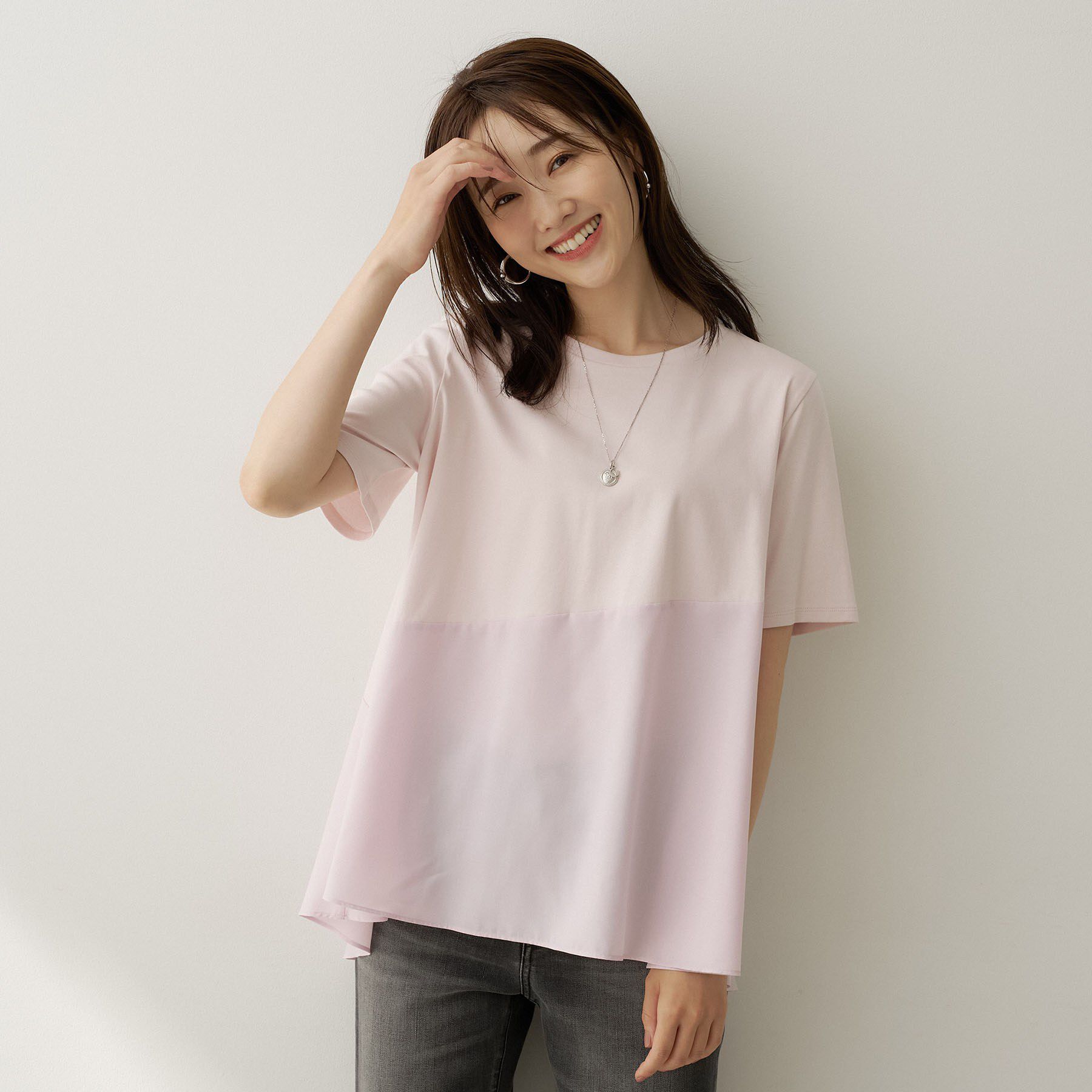 UNTITLED「【Tシャツ】異素材ドッキングプルオーバー」|Tシャツ・カットソー|ライトピンク(070