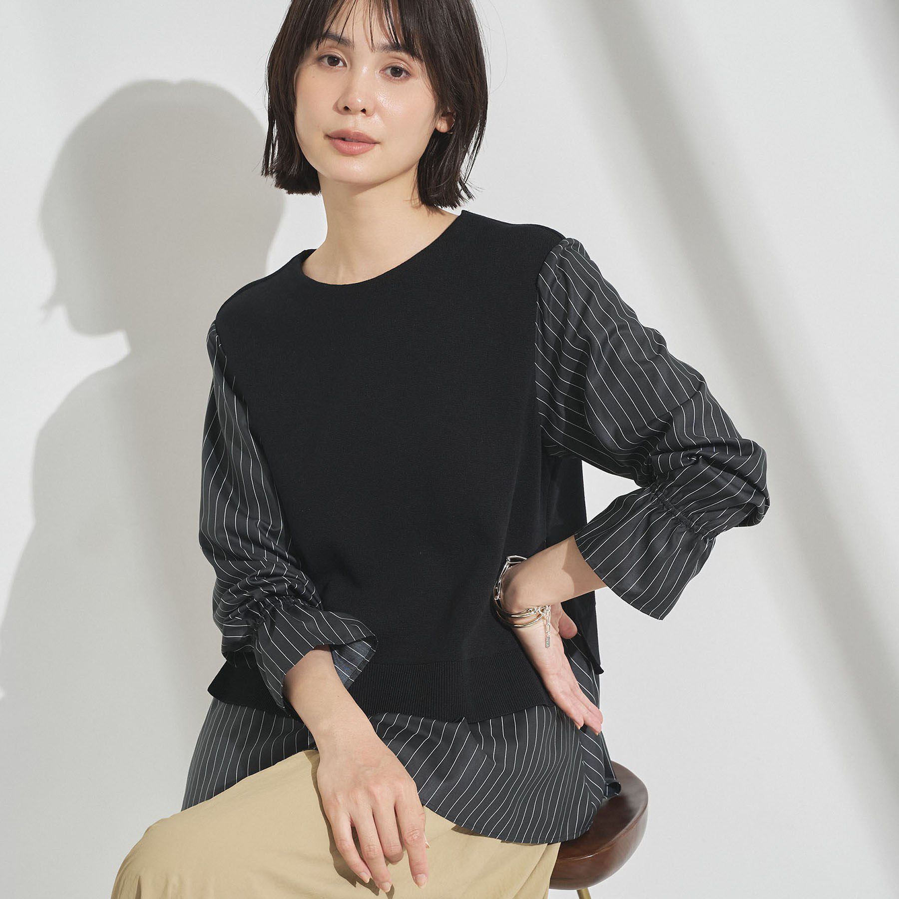 INDIVI「【洗える／1枚でコーデ完成】重ね着風ニットトップス」|Tシャツ・カットソー|ブラック(519)