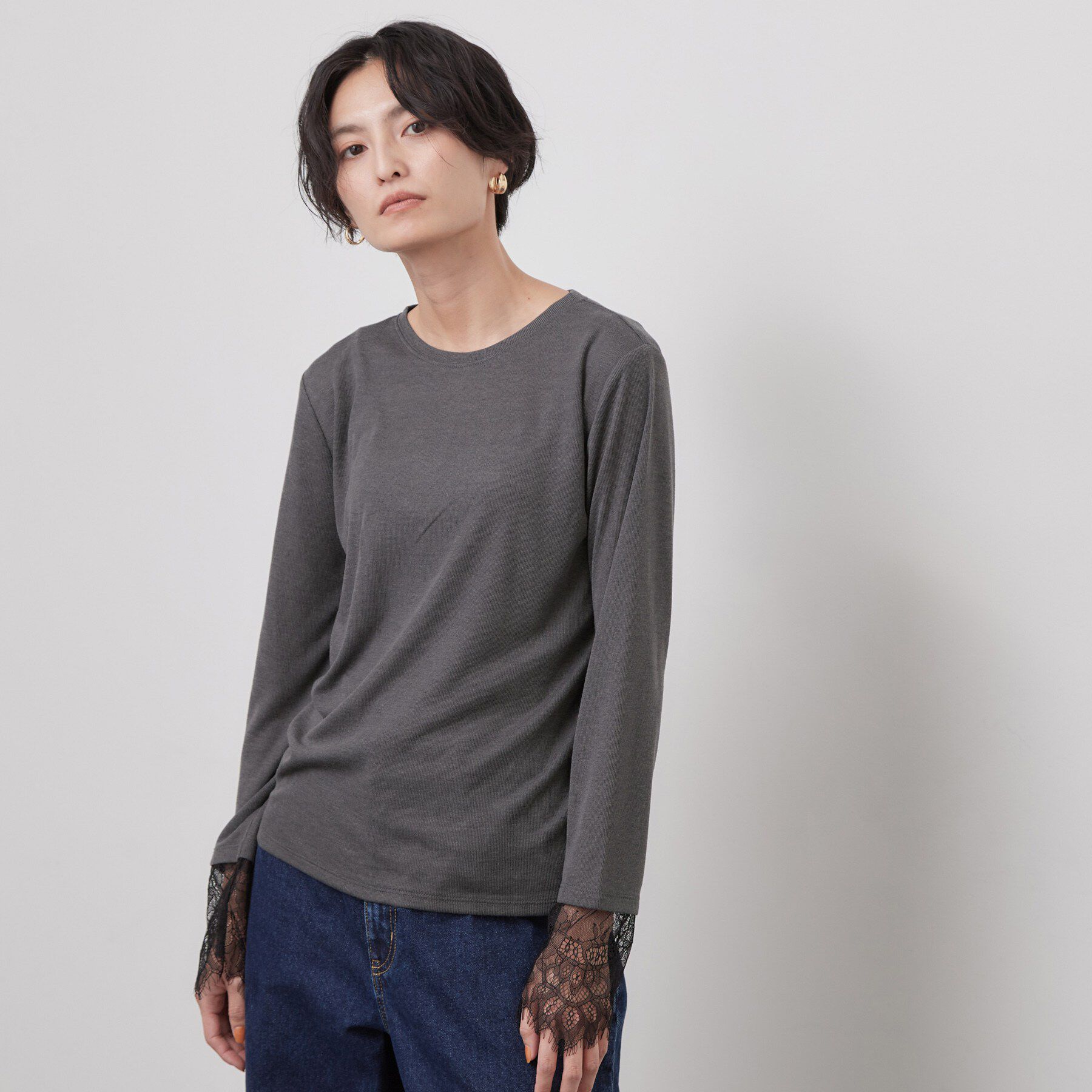 OPAQUE.CLIP「袖口レース＆ドットチュールドッキングトップス【洗濯機OK】」|Tシャツ・カットソー|