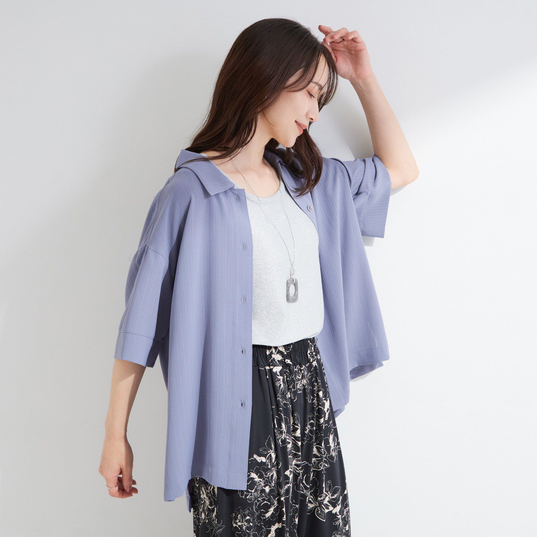 SHOO･LA･RUE「【通気性〇/UV/S-LL】洗濯後しわになりにくい とろみストライプシャツ」|シャツ・ブラウス|