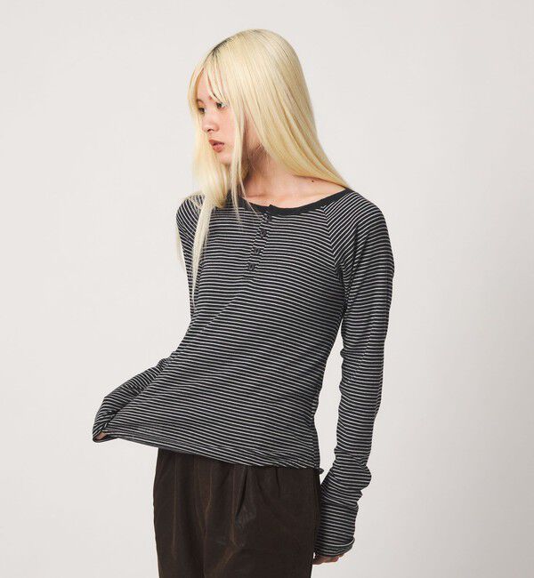 BEAUTY&YOUTH UNITED ARROWS「【別注】＜Healthknit＞ボーダー ヘンリーネック プルオーバー」|Tシャツ・カットソー|BLACK