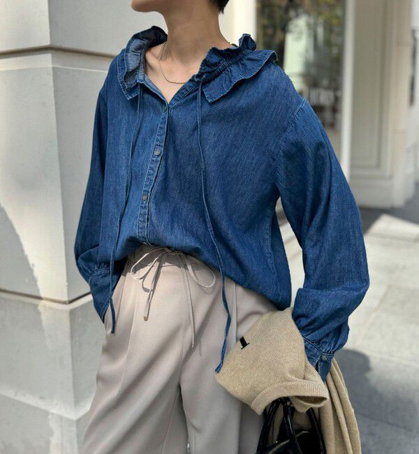 Rie Miller「【RM denim】フリルギャザーデニムブラウス」|シャツ・ブラウス|