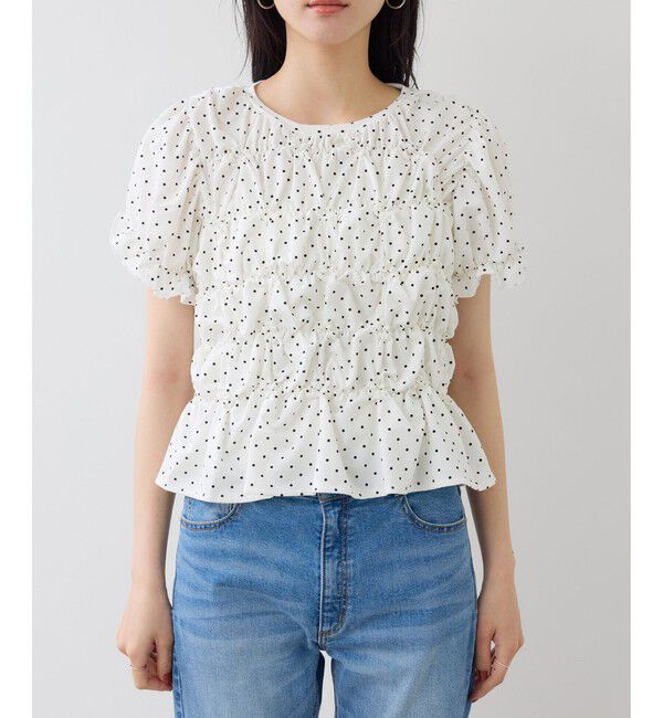 VIS「ドット＆無地アソート シャーリングデザインカットソー」|Tシャツ・カットソー|