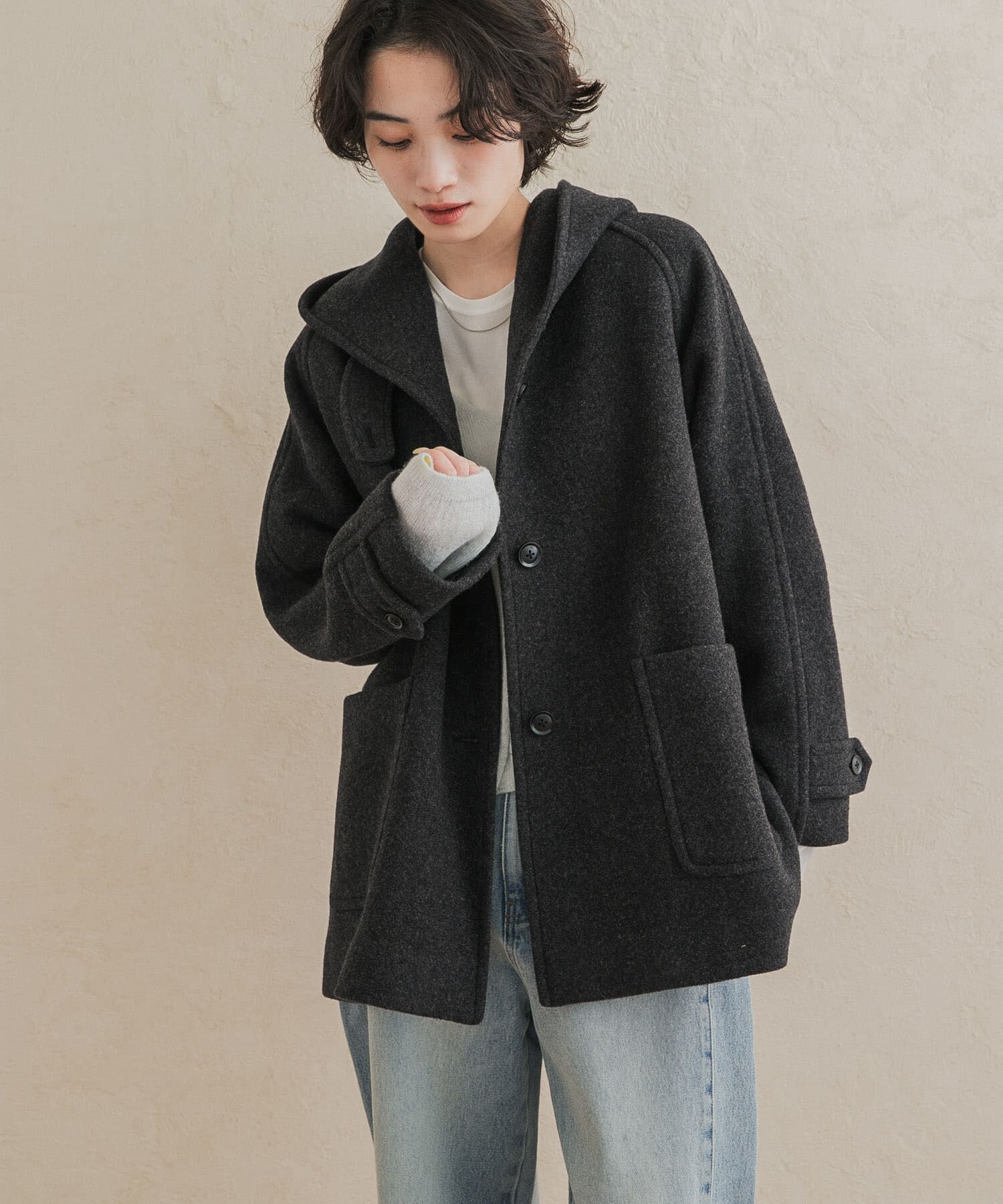 URBAN RESEARCH DOORS「エアリーウールフードコート」|ノーカラーコート|