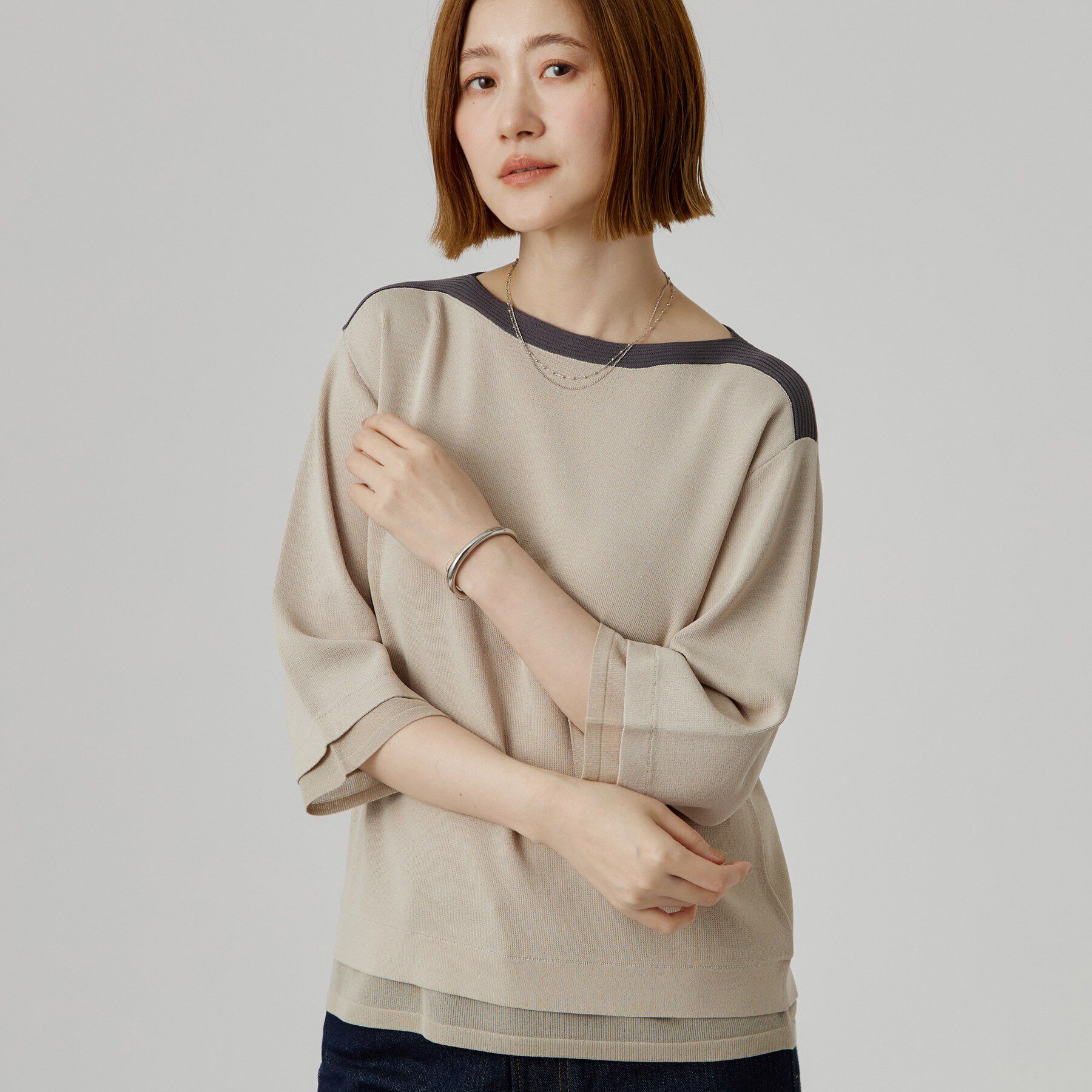 grove「【人気シリーズに新型登場】袖口シアーやわらかドライタッチニット」|ニット・セーター|グレージュ(050)