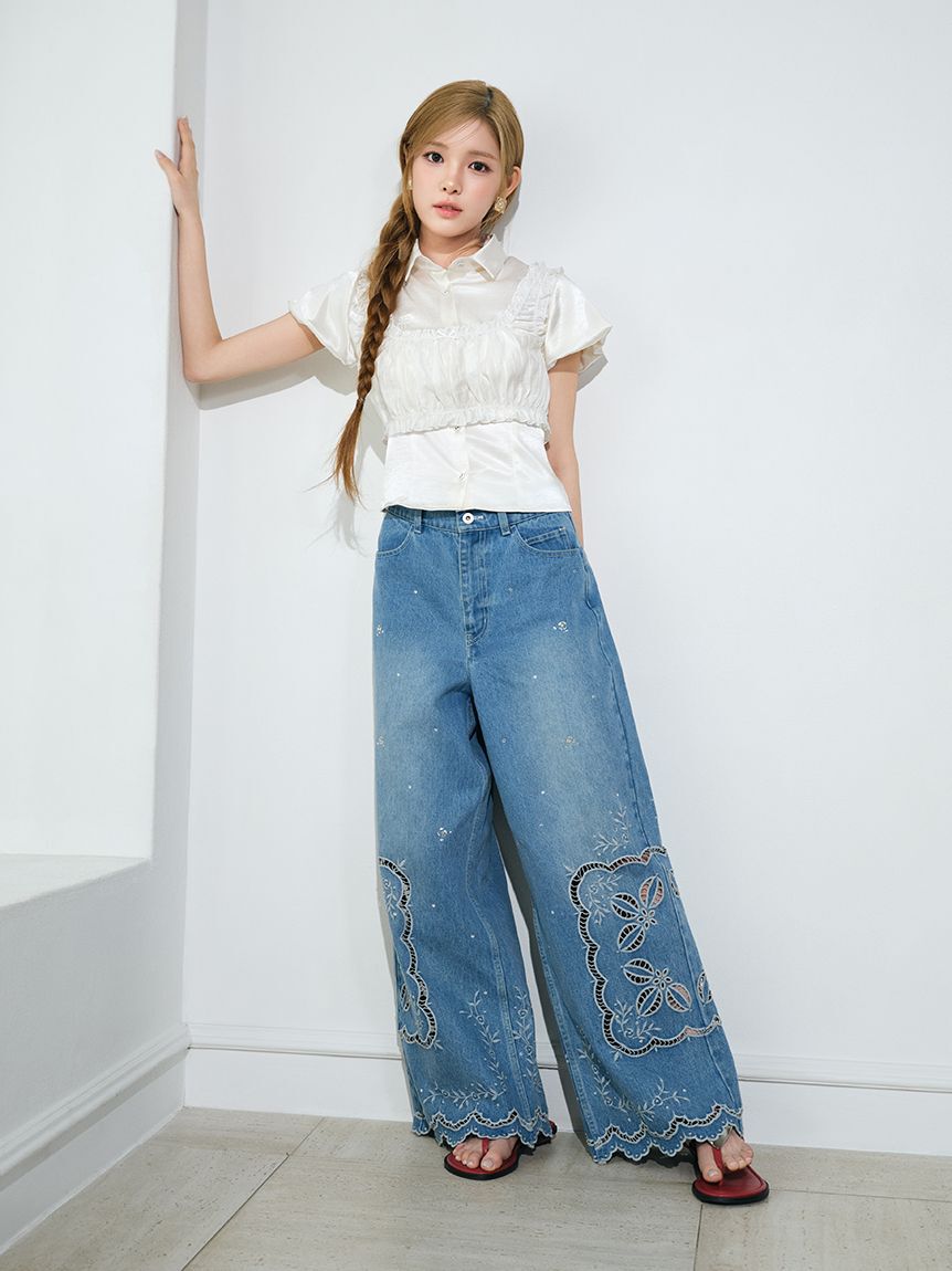 LILY BROWN「[L.B CANDY STOCK]カットワークビジューデニムパンツ」|デニム|