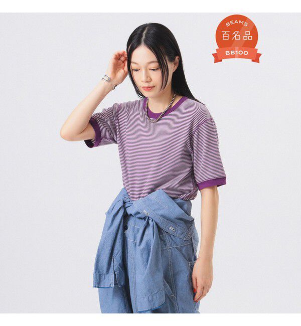 BEAMS SELECTION for WOMEN「【別注】Healthknit / ワッフル ボーダー Tシャツ」|Tシャツ・カットソー|PURPLE/OFF