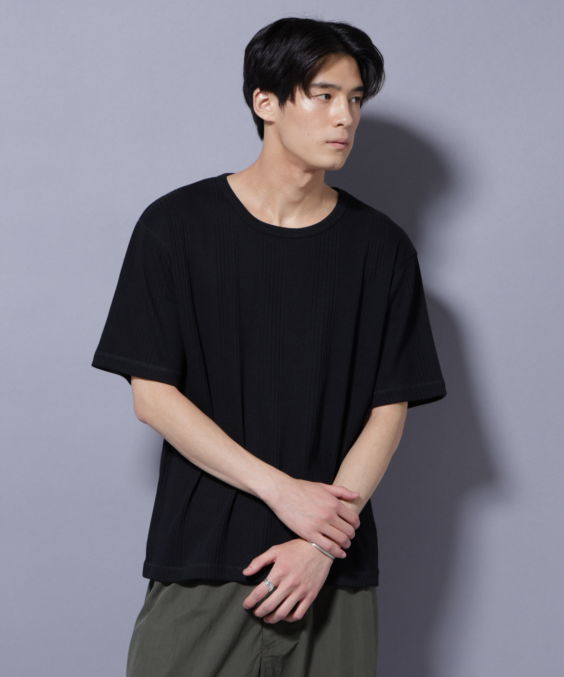 NANO universe「NORMANBROS/NORMANBROS別注 テレコUネックTシャツ 半袖」|Tシャツ・カットソー|ブラック