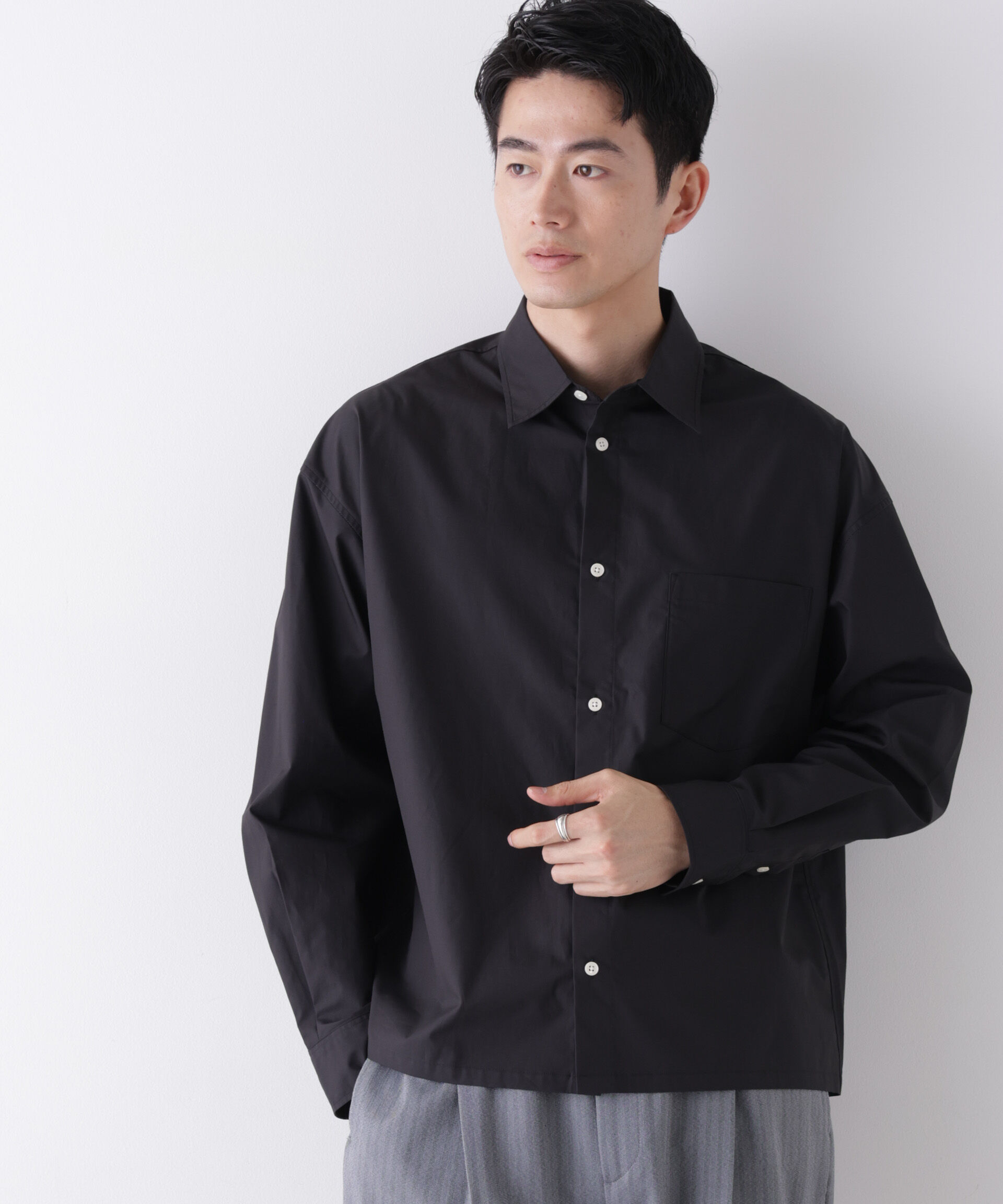 NANO universe「｢James Fabric｣ ボクシークロップドシャツブルゾン」|シャツ・ブラウス|ブラック