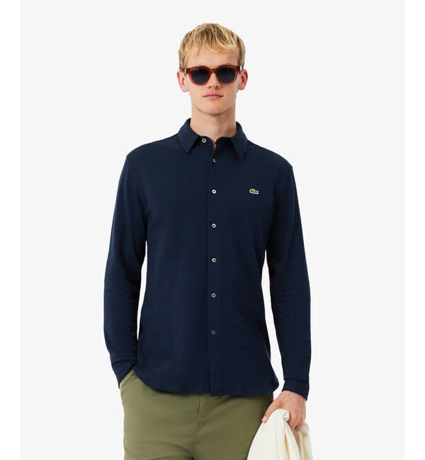 LACOSTE「スリムフィット オーガニックコットン鹿の子地長袖シャツ」|シャツ・ブラウス|ネイビー