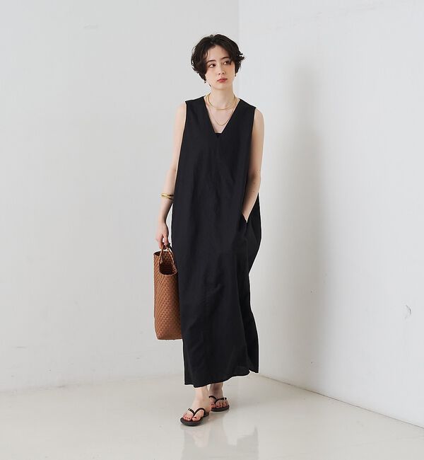 Rouge vif「【2サイズ展開】【定番人気】麻混ノースリーブVネックワンピース/ポケット付き/コ」|ワンピース|