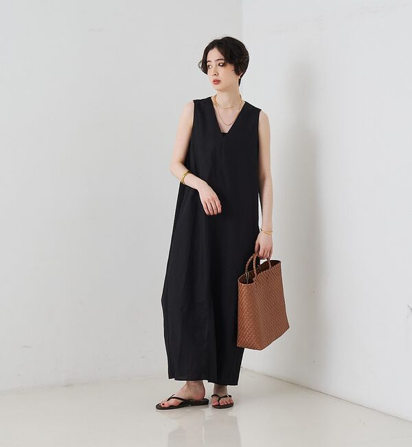 Rouge vif「【2サイズ展開】【定番人気】麻混ノースリーブVネックワンピース/ポケット付き/コ」|ワンピース|