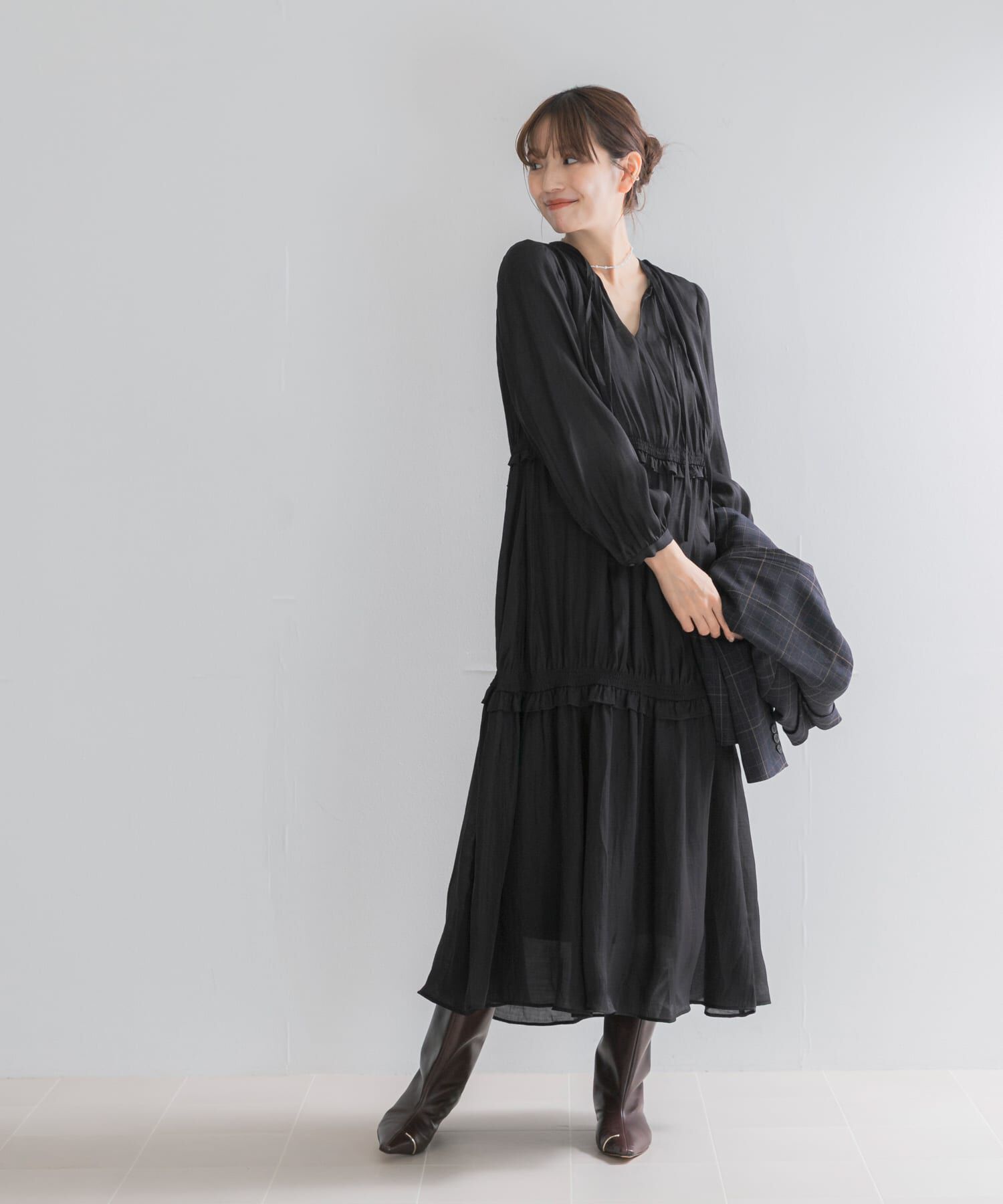 URBAN RESEARCH ROSSO「ボリュームギャザーロングワンピース」|その他|ブラック