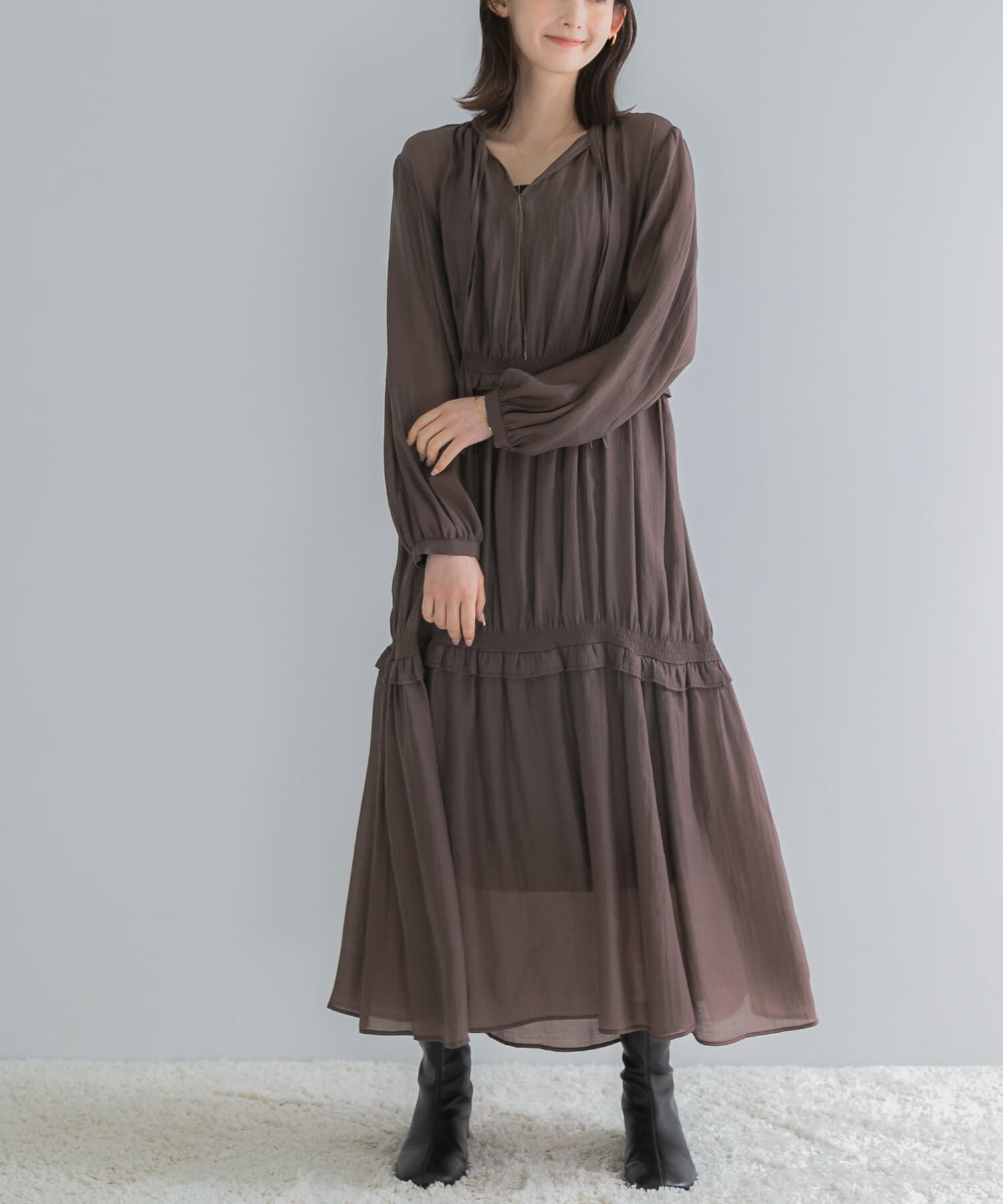 URBAN RESEARCH ROSSO「ボリュームギャザーロングワンピース」|その他|ブラウン