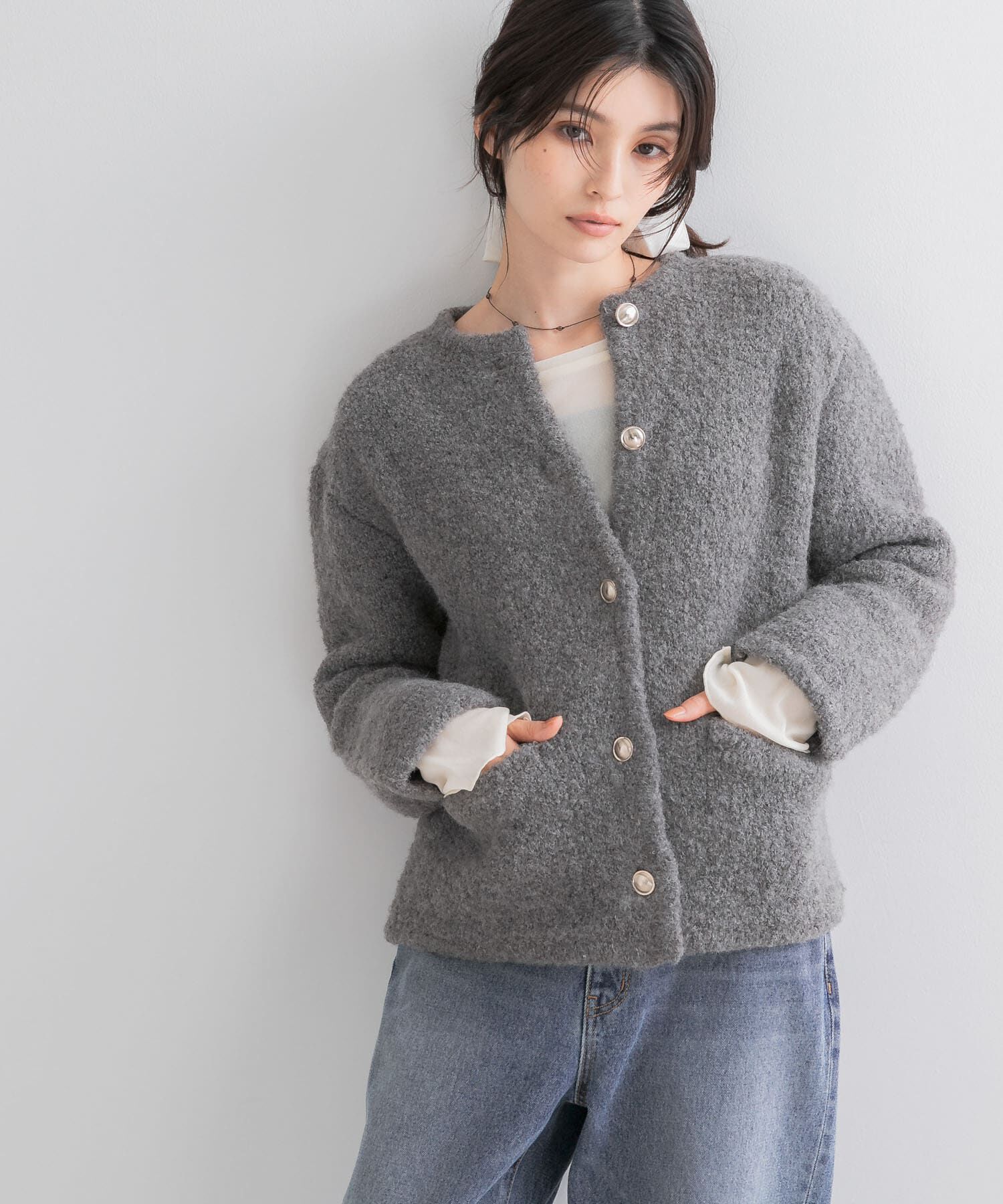 URBAN RESEARCH ROSSO「『WEB/一部店舗限定』ウール混ブークレニットジャケット」|ノーカラージャケット|