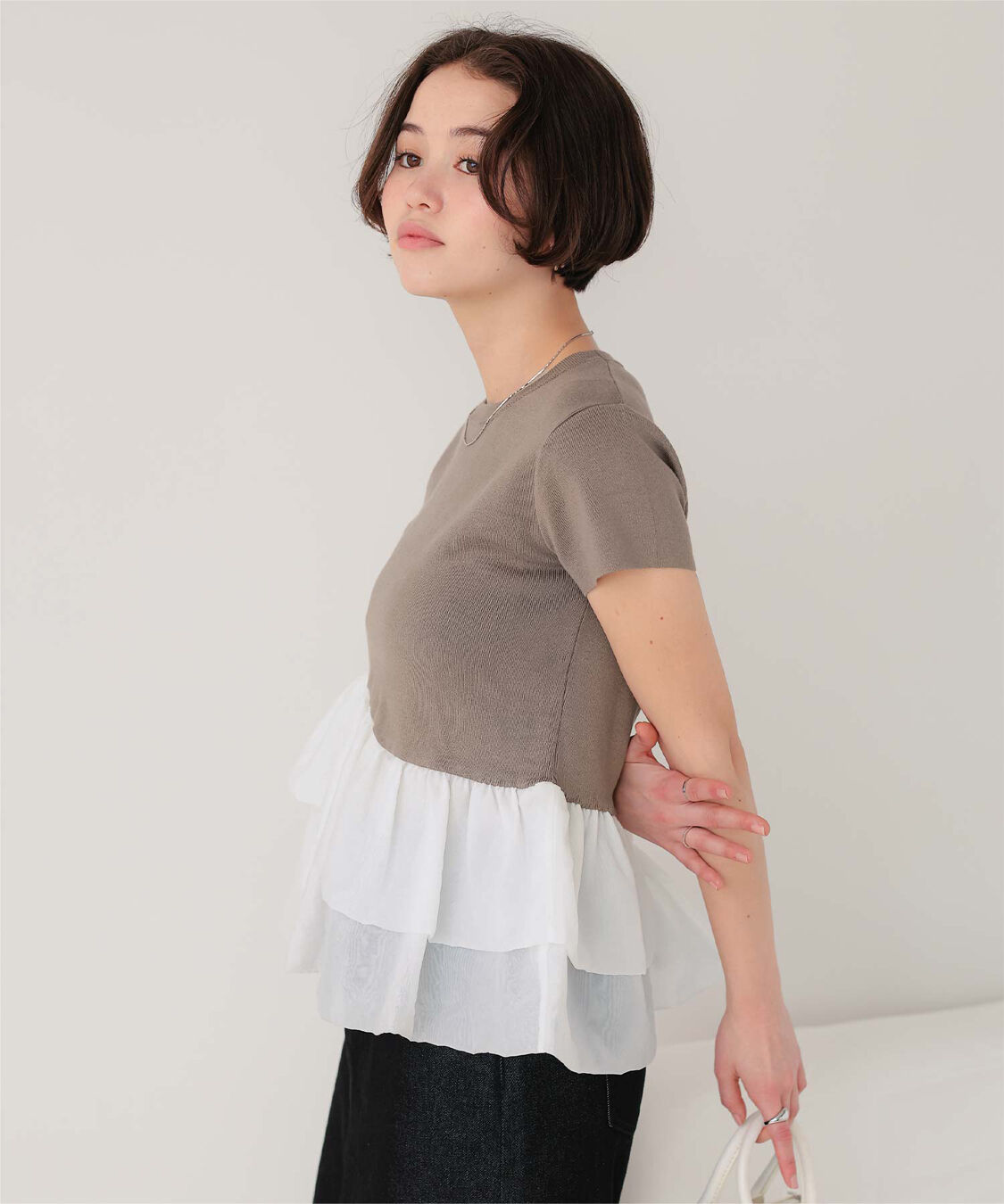 titivate「【きこさんコラボアイテム】半袖ニットドッキングイレギュラーヘムペプラムトップス」|ニット・セーター|