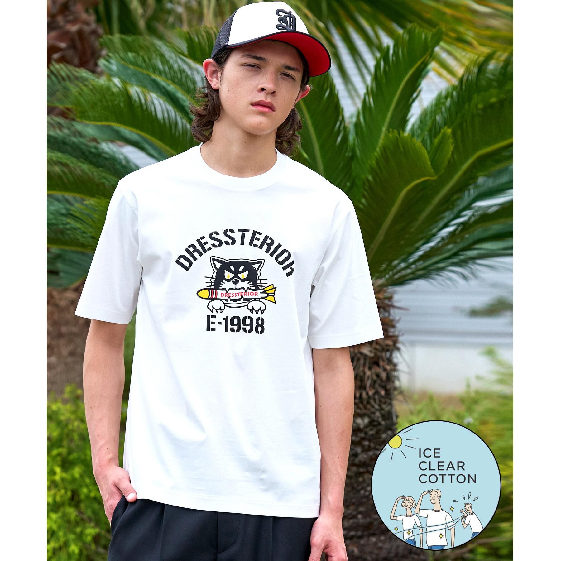 DRESSTERIOR「【接触冷感／抗菌防臭／消臭】ICE CLEAR COTTON ミサイルキャットTシャツ」|Tシャツ・カットソー|ホワイト(001)
