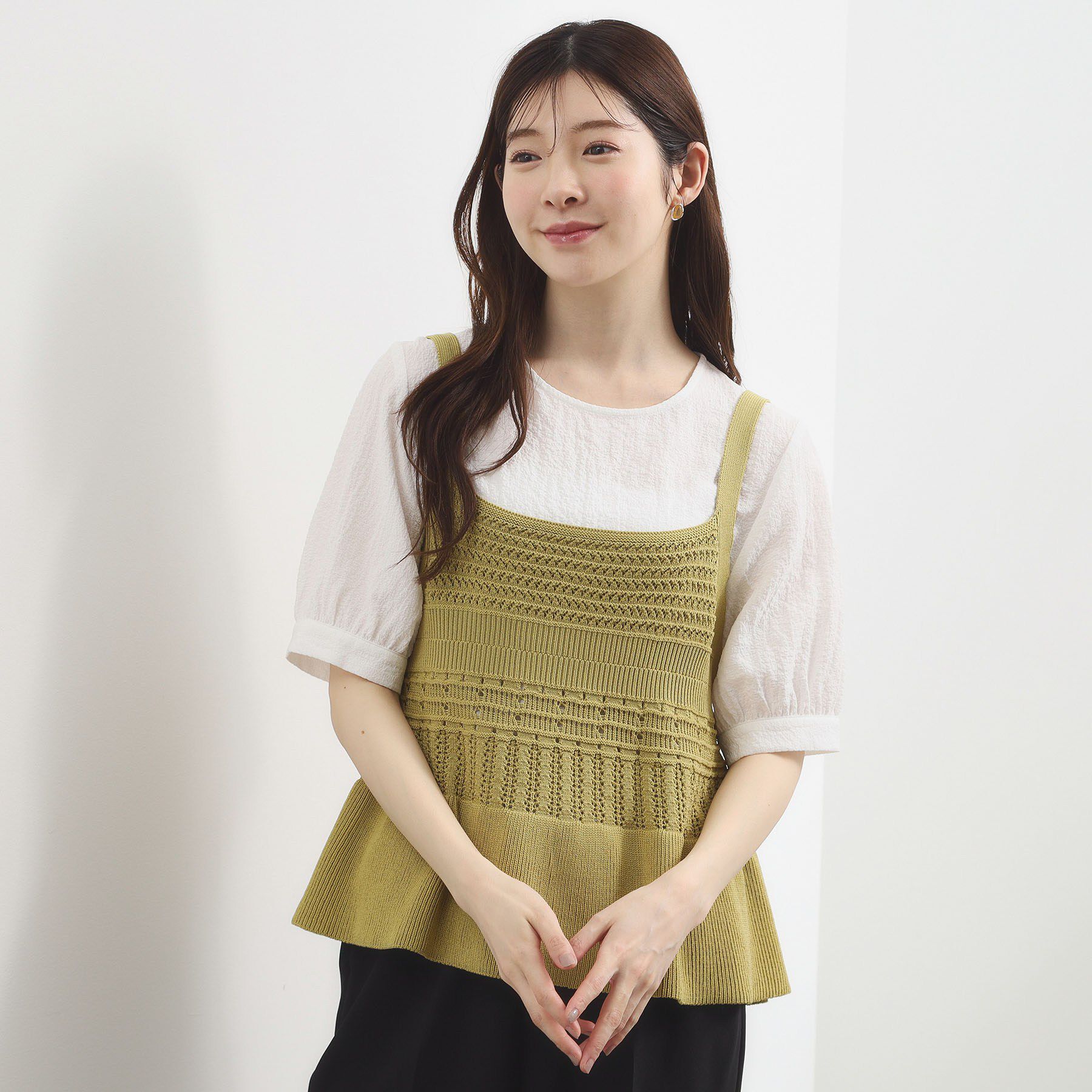 grove「【2点SET】着るだけで完成、透かし編みニットビスチェ&times;ブラウス」|その他|グリーン(025)