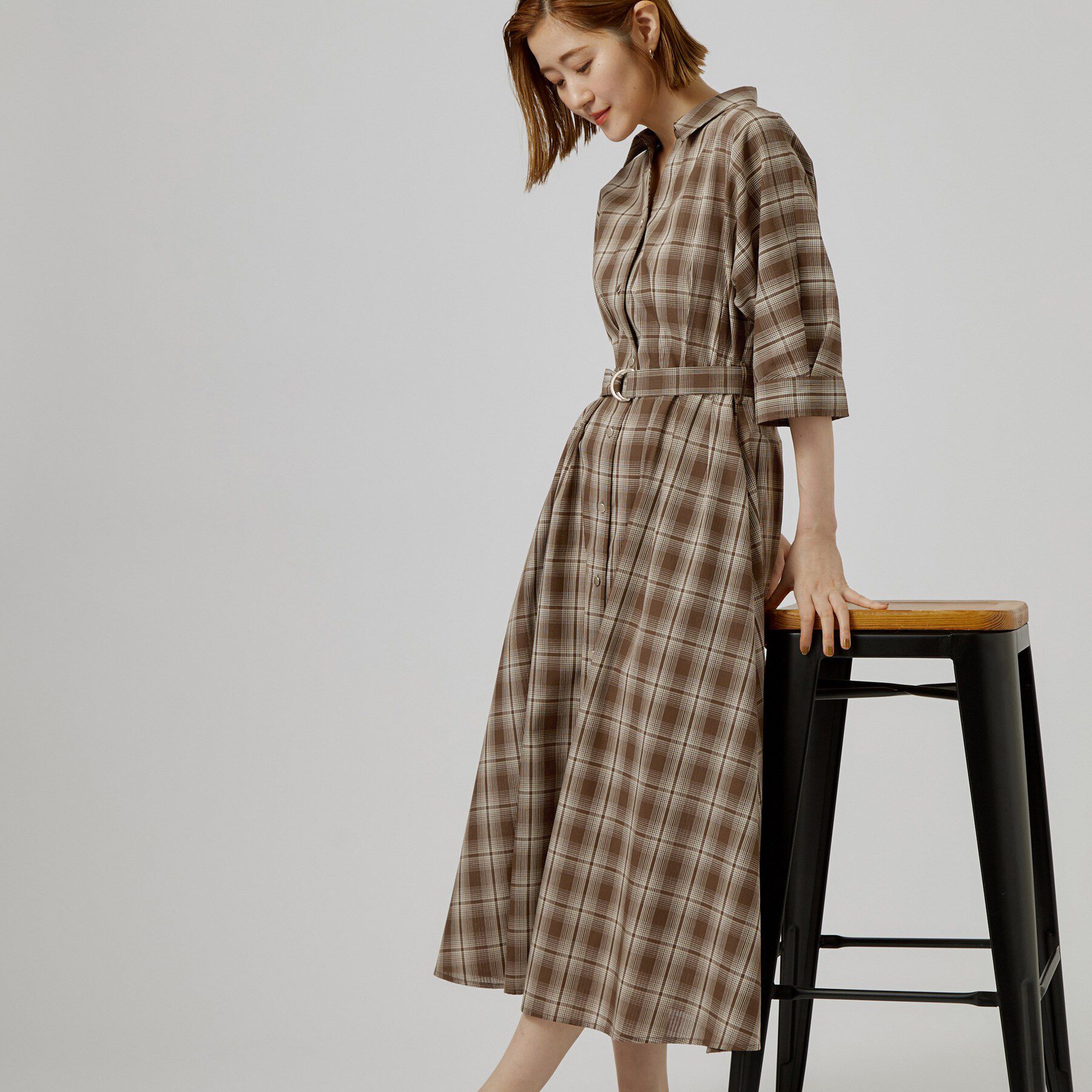 grove「チェック柄ベルト付シャツワンピース」|ワンピース|モカブラウン(242