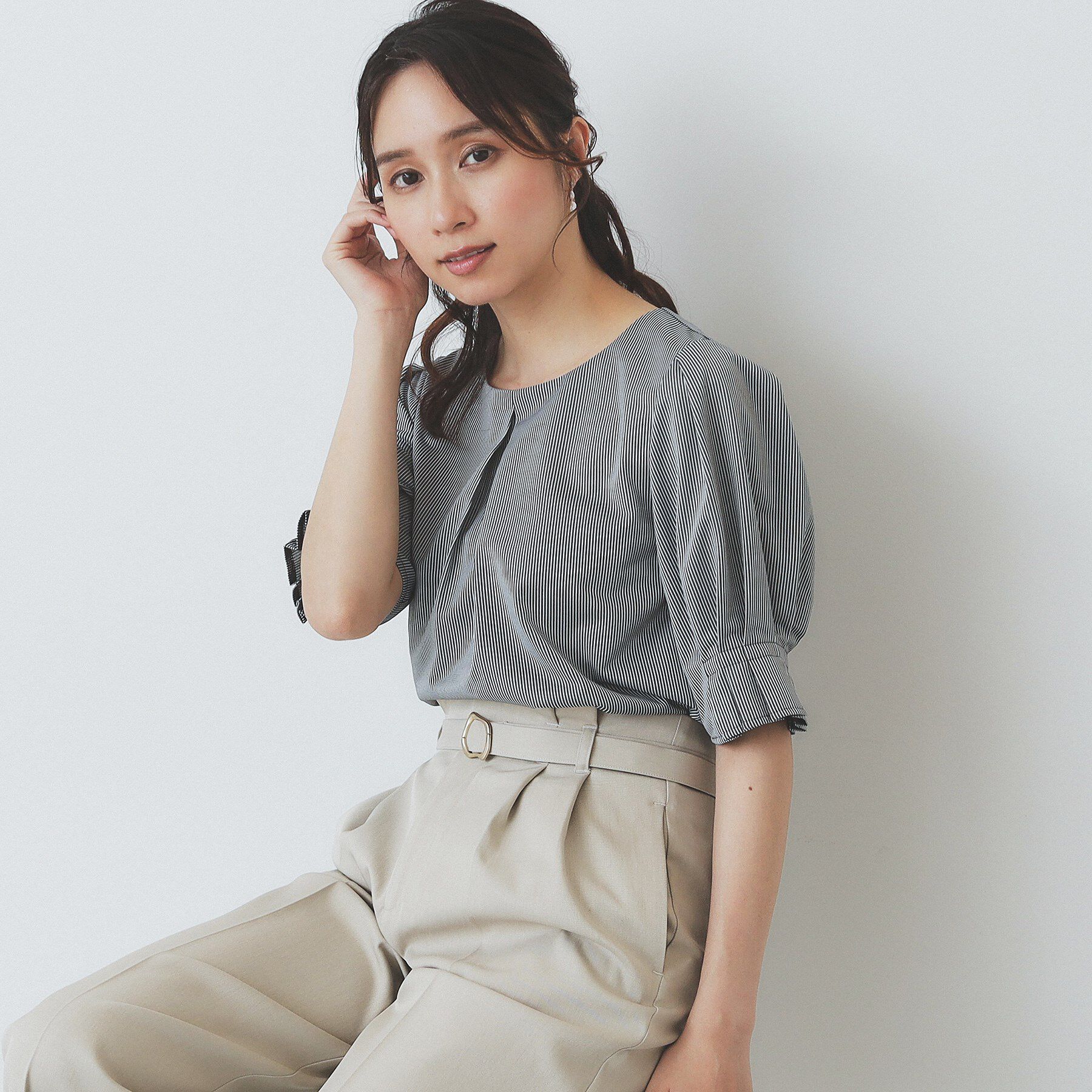 index「ストライプジャージタックスリーブトップス【吸水速乾／洗濯機洗い可】」|Tシャツ・カットソー|ネイビー(394)