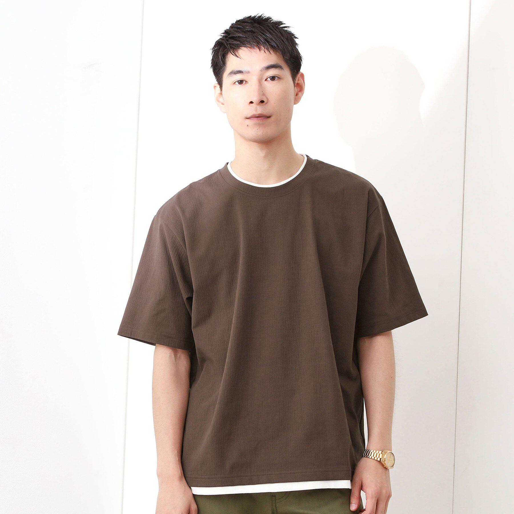 THE SHOP TK「楊柳フェイクレイヤード半袖Tシャツ 【吸水速乾/毛玉になりにくい/洗濯機OK】」|Tシャツ・カットソー|