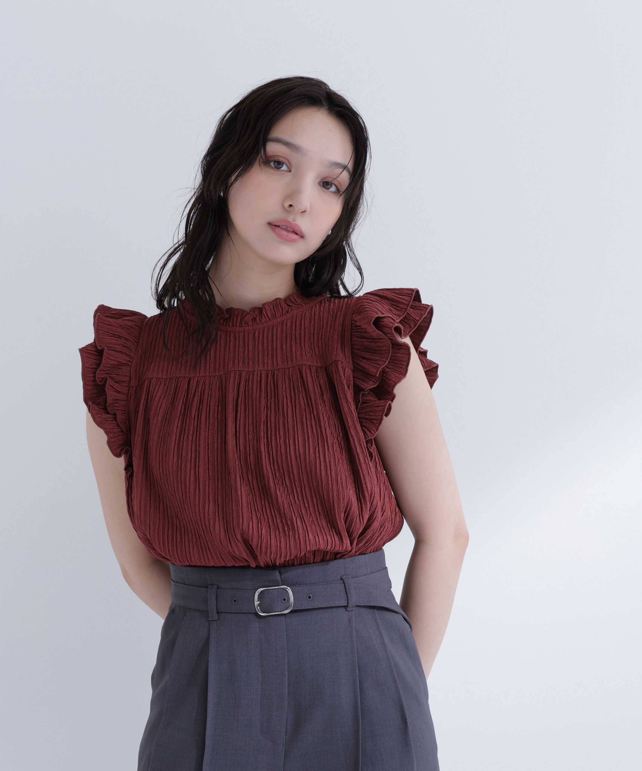 「ハイネックフリルスリーブカットソー」|Tシャツ・カットソー|
