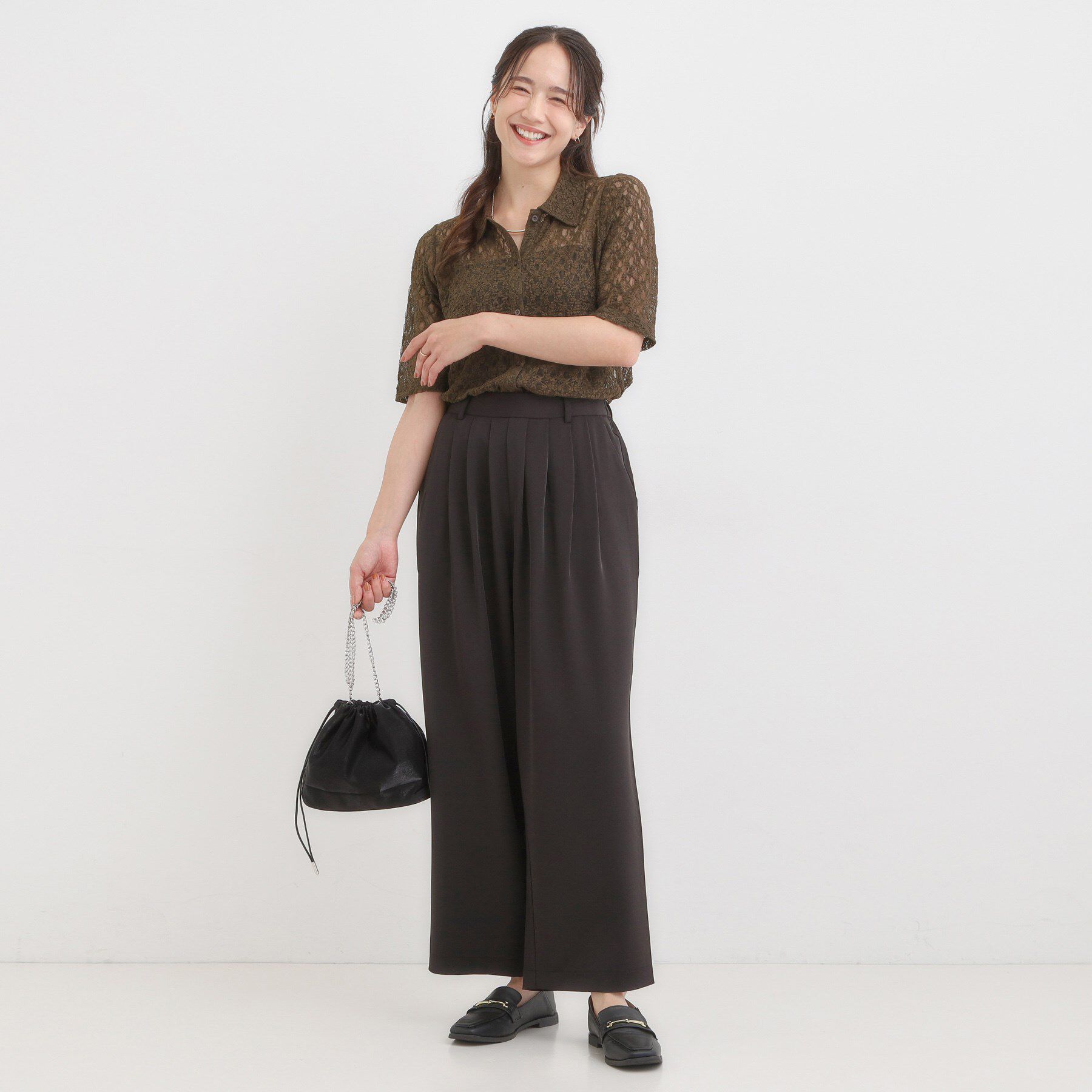SHOO･LA･RUE「【S-LL/5分袖】大人の抜け感 襟付きレーストップス」|Tシャツ・カットソー|