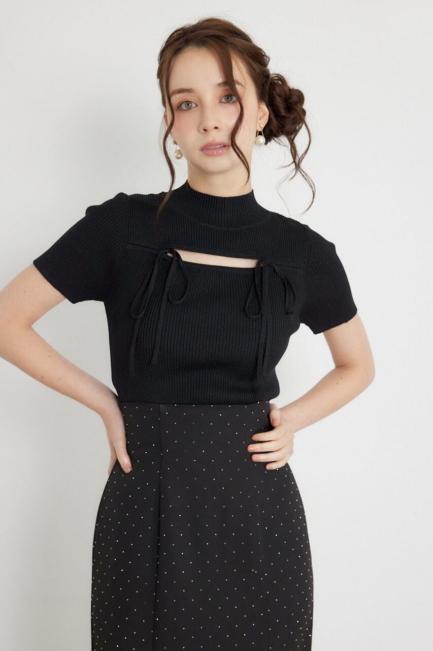 rienda「ウォッシャブルリボンハーフスリーブニットトップス」|ニット・セーター|BLK