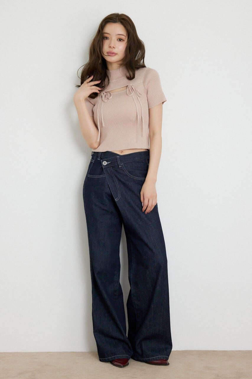 rienda「ウォッシャブルリボンハーフスリーブニットトップス」|ニット・セーター|