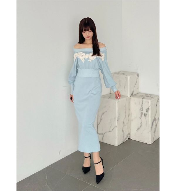MERCURYDUO「エンブロイダリーオフショルニットワンピース」|ワンピース|