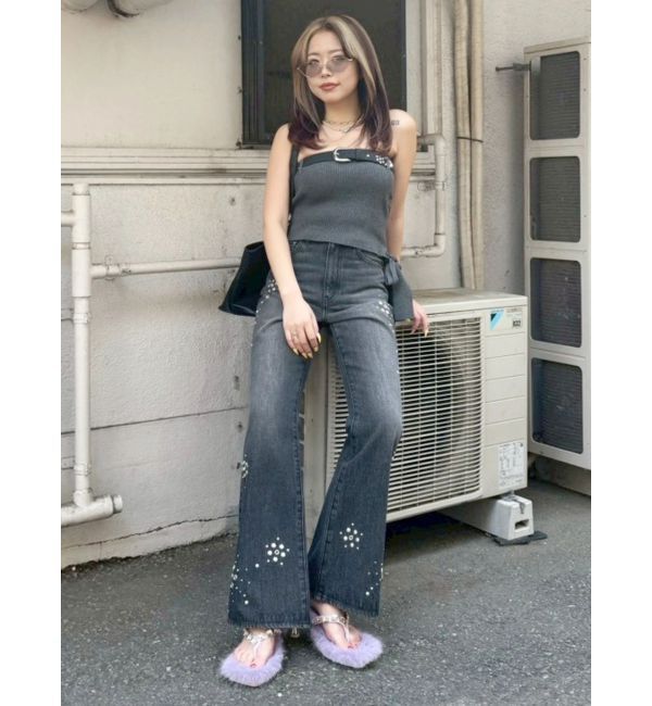 EVRIS「スタッズデザインセミフレアデニムパンツ」|デニム|