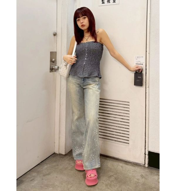 EVRIS「スタッズデザインセミフレアデニムパンツ」|デニム|