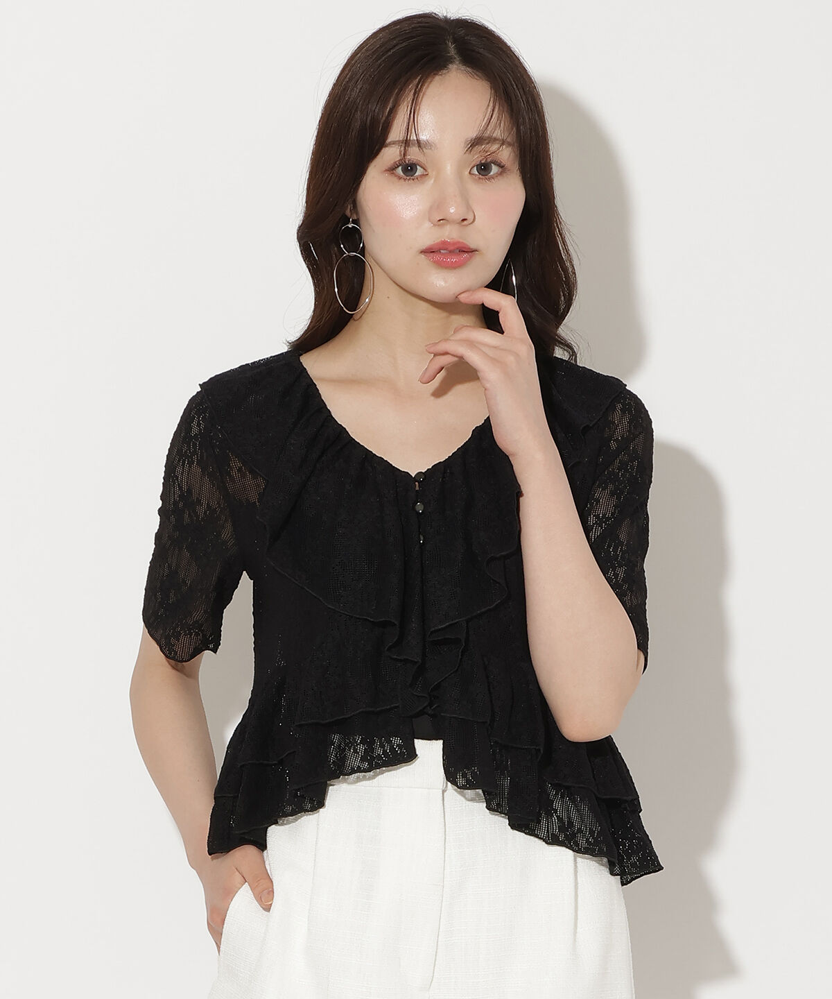 WILLSELECTION「レースラッフルフリルトップス」|Tシャツ・カットソー|ブラック