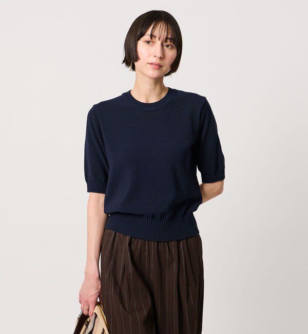 UNITED ARROWS「クルーネック ベーシック ショートスリーブ ニット ‐ウォッシャブル‐」|ニット・セーター|NAVY