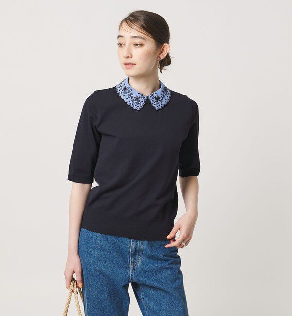 UNITED ARROWS「レディー フラワー ビジュー ニット」|ニット・セーター|NAVY