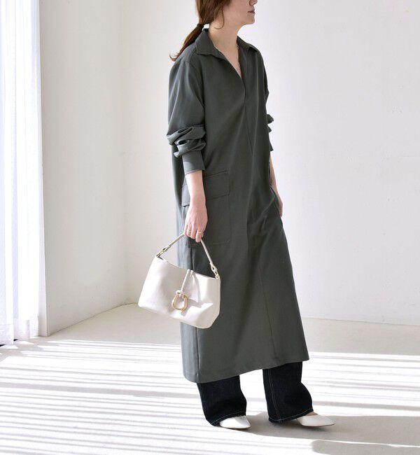 quaranciel「quaranciel:〈洗濯機可能〉Vネック スキッパー ロング シャツ ワンピース」|ワンピース|