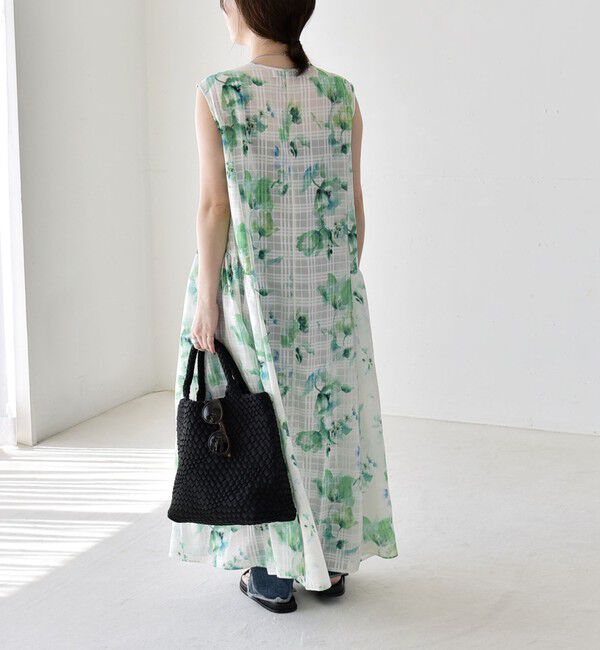 quaranciel「quaranciel:〈洗濯機可能〉ボタニカル プリント クルーネック ギャザー ワンピース」|ワンピース|