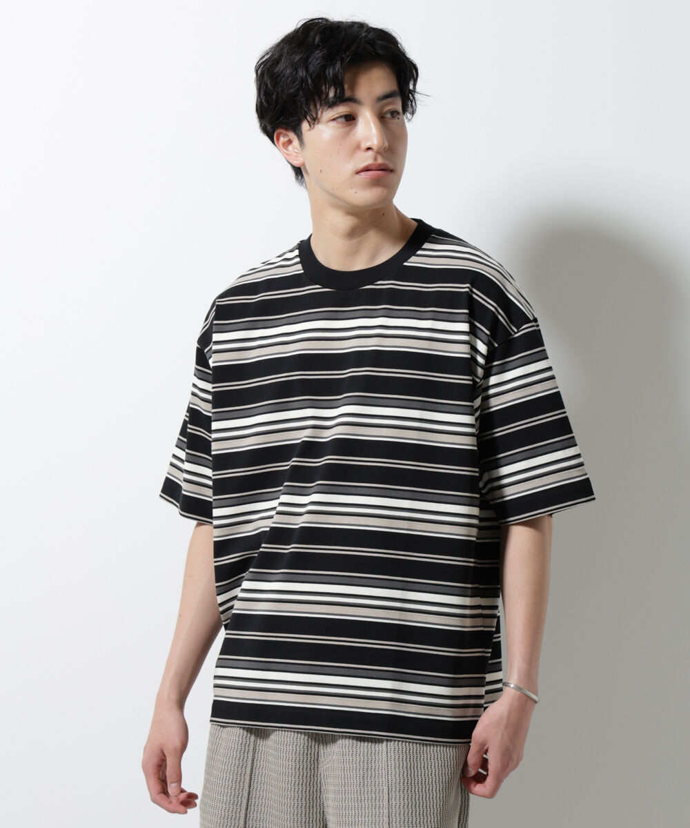 NANO universe「マルチボーダーリラックスＴシャツ 半袖」|Tシャツ・カットソー|ブラック