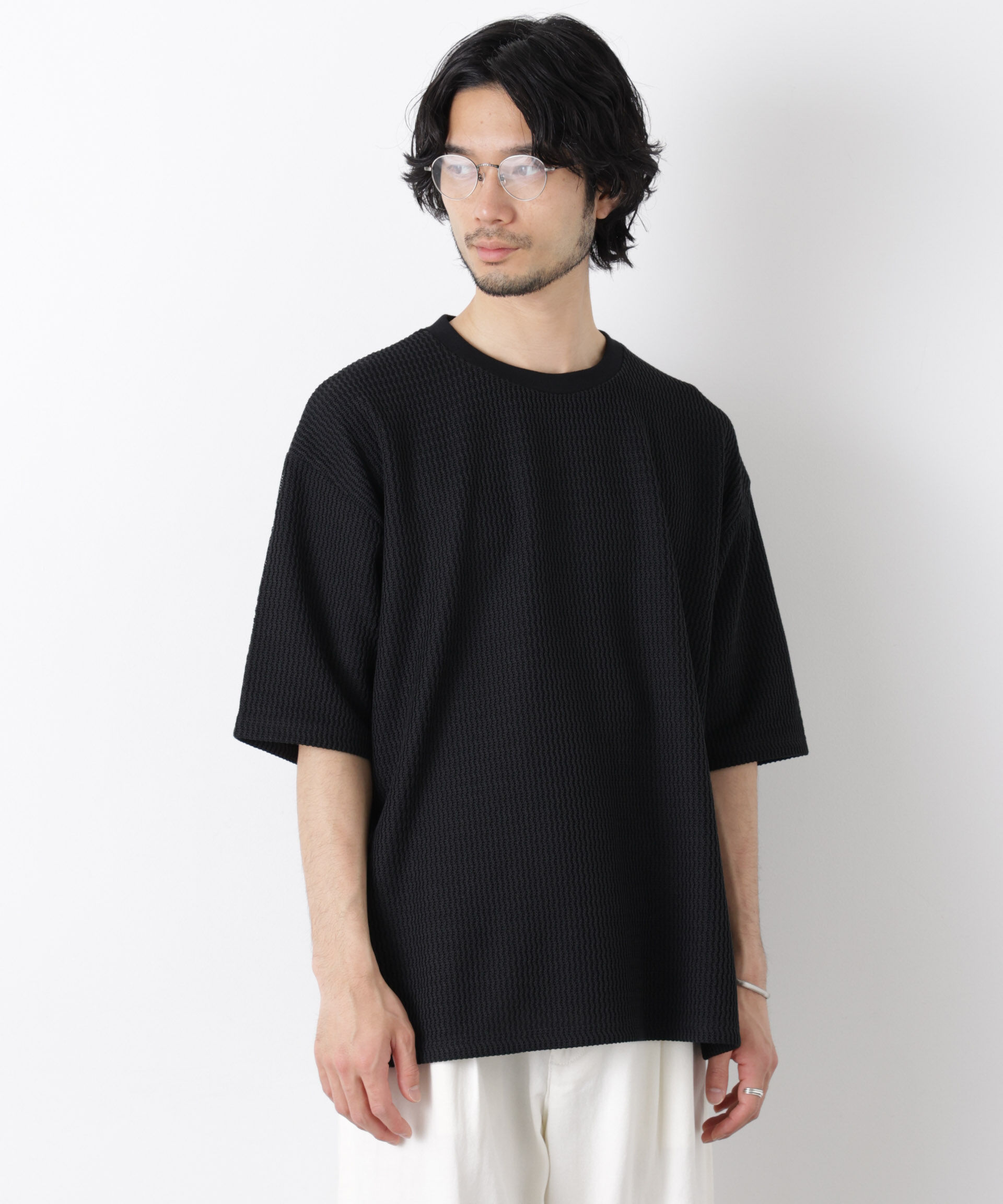 NANO universe「ジャガードニットソーTシャツ 半袖（セットアップ可）」|Tシャツ・カットソー|