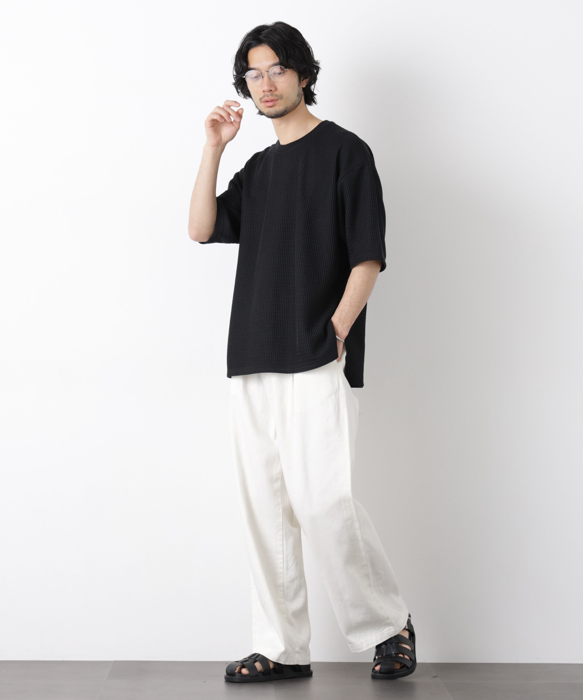 NANO universe「ジャガードニットソーTシャツ 半袖（セットアップ可）」|Tシャツ・カットソー|