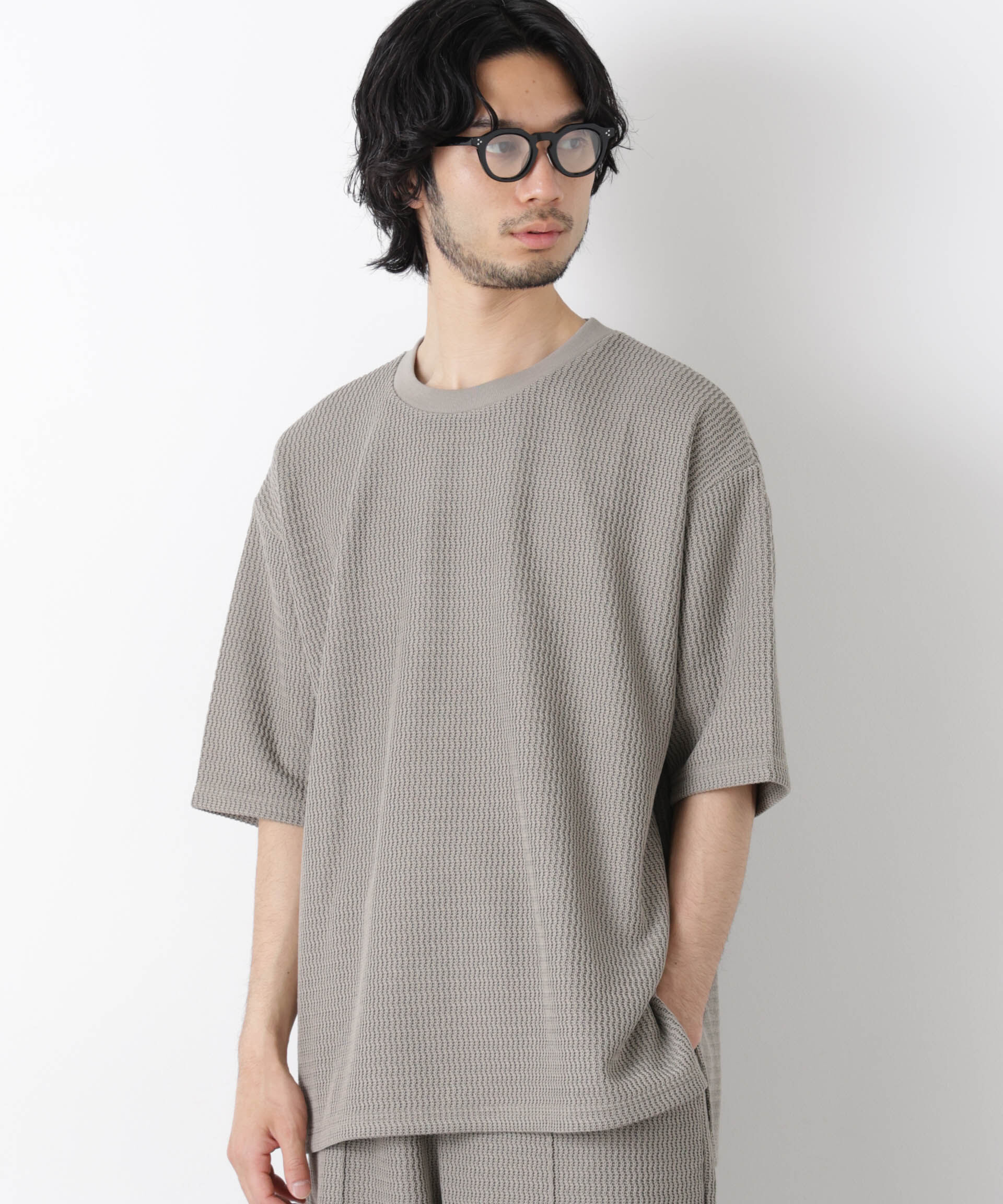NANO universe「ジャガードニットソーTシャツ 半袖（セットアップ可）」|Tシャツ・カットソー|
