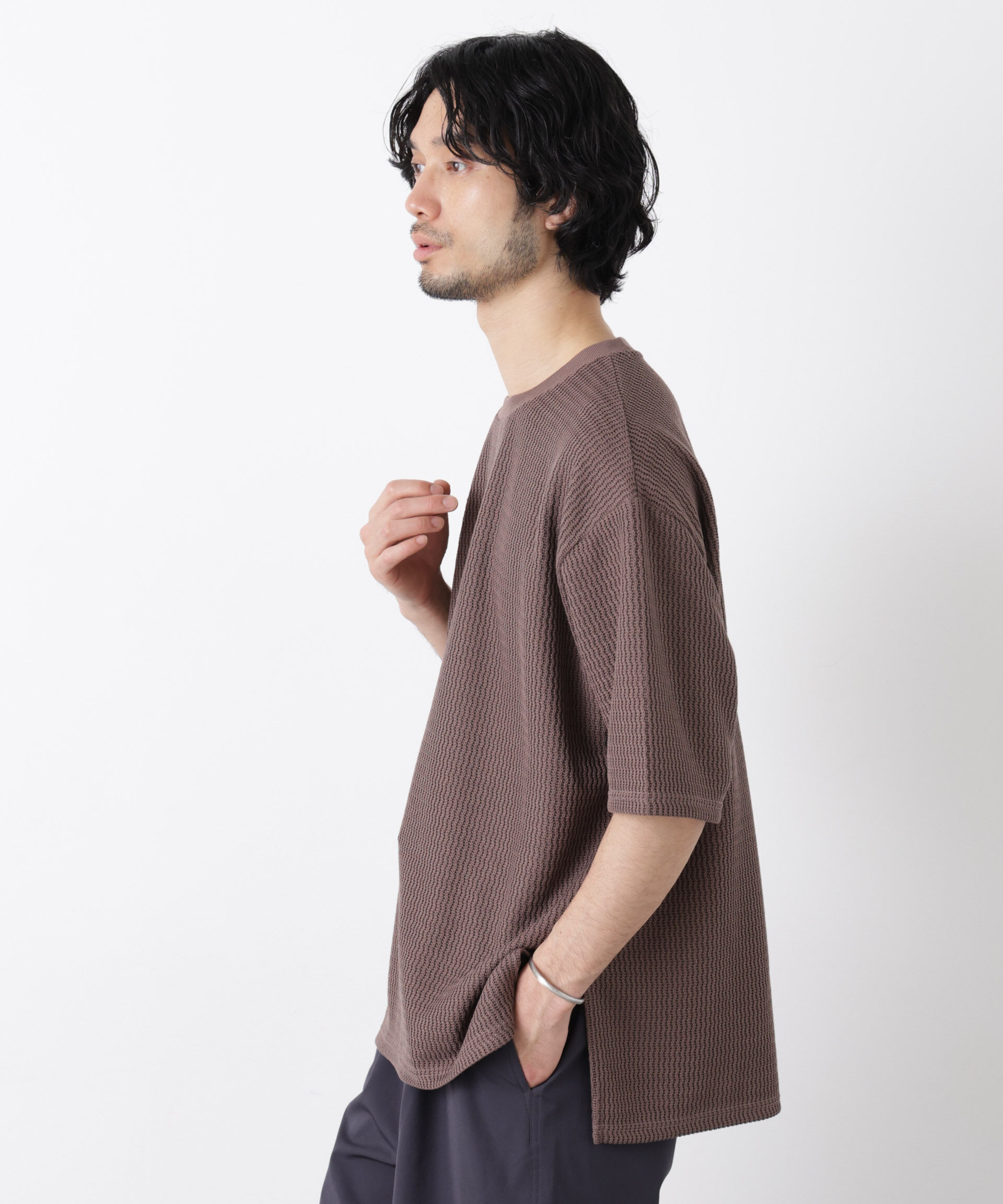 NANO universe「ジャガードニットソーTシャツ 半袖（セットアップ可）」|Tシャツ・カットソー|